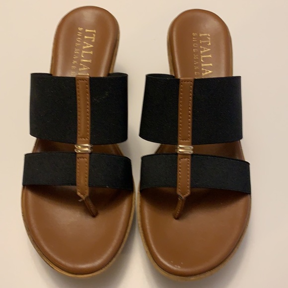 Italian Shoemakers Cork platform slip ons. Black and Tan with Gold accent. - Picture 5 of 5